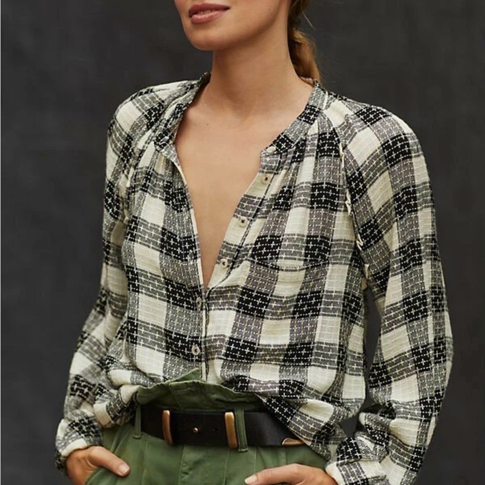 Pilcro Black, White, and yellow Plaid Button-Down Shirt with shoulder ruffles